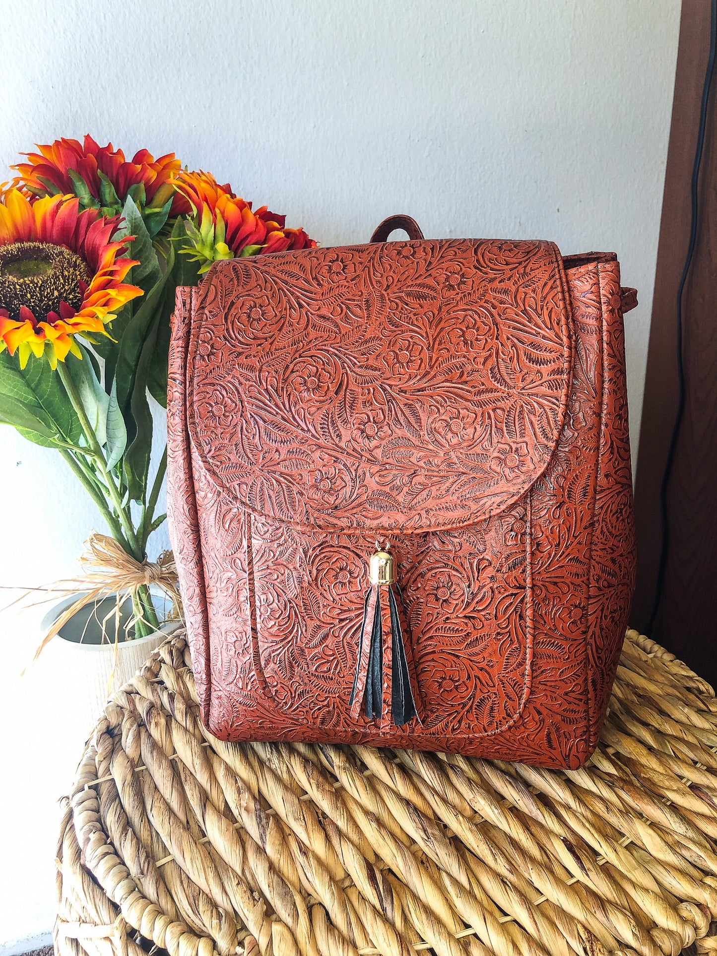 Hand-Tooled Hawaiian Tan Leather Backpack