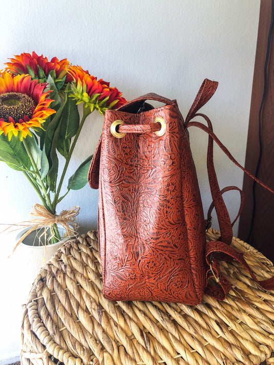Hand-Tooled Hawaiian Tan Leather Backpack