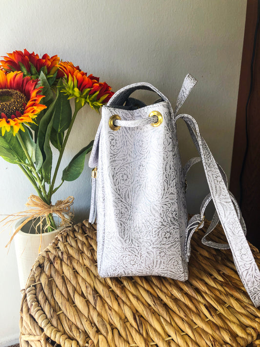 Hand-Tooled White Leather Backpack