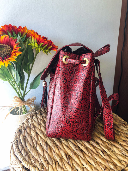 Hand-Tooled Maroon Leather Backpack