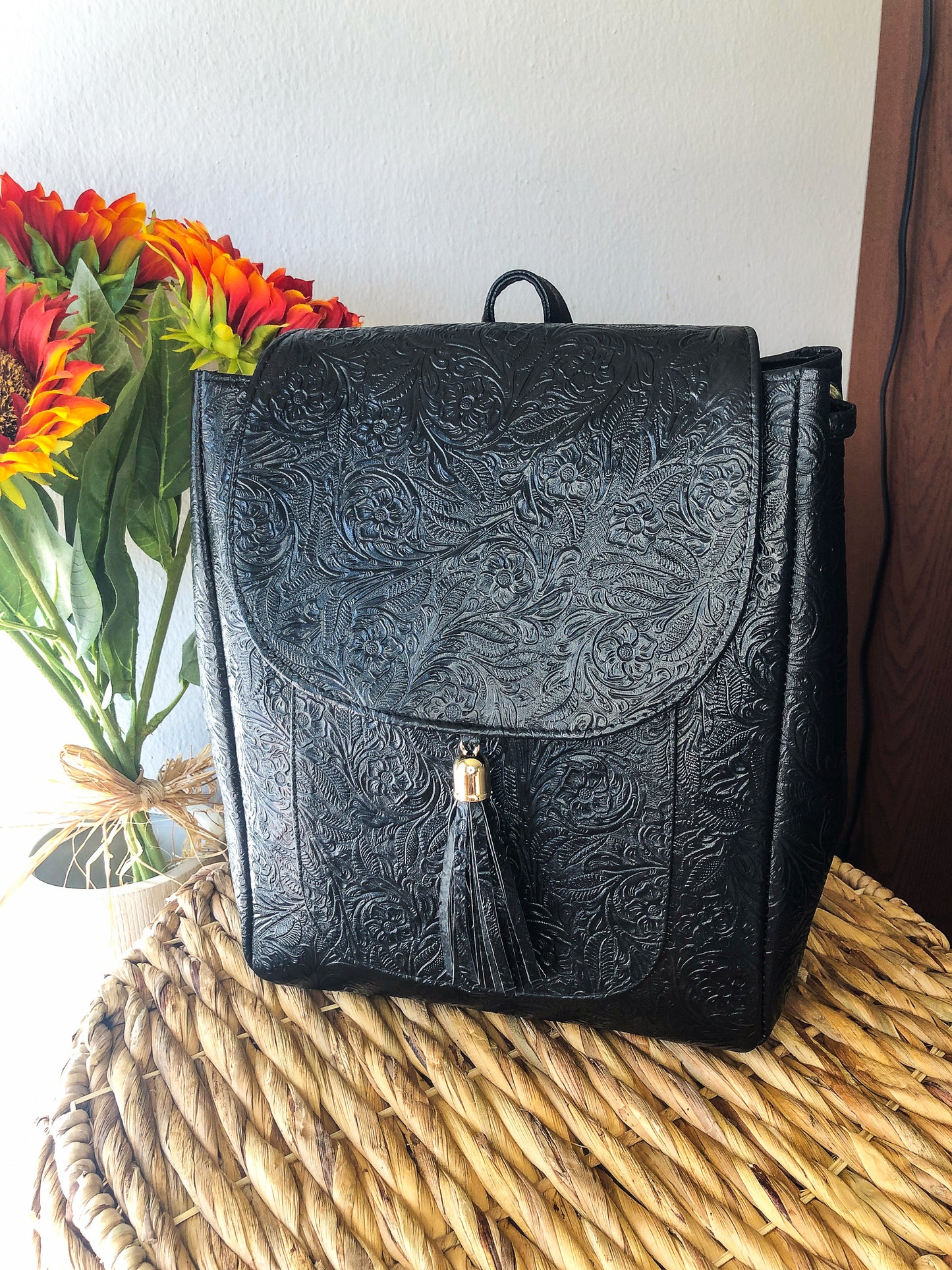 Hand-Tooled Black Leather Backpack