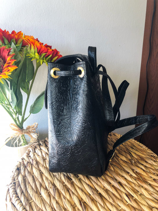Hand-Tooled Black Leather Backpack