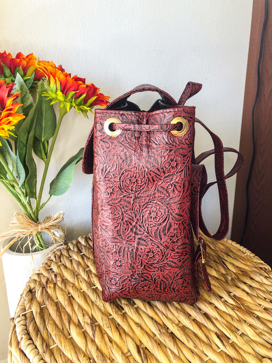 Hand-Tooled Burgundy Leather Backpack