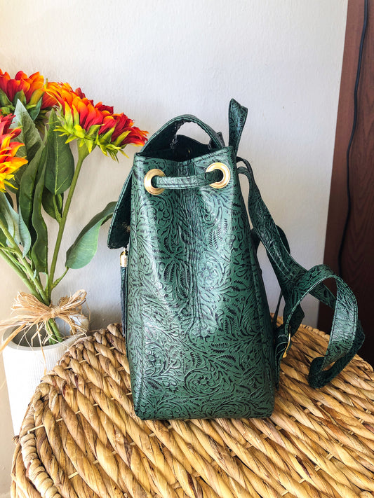 Hand-Tooled Green Leather Backpack