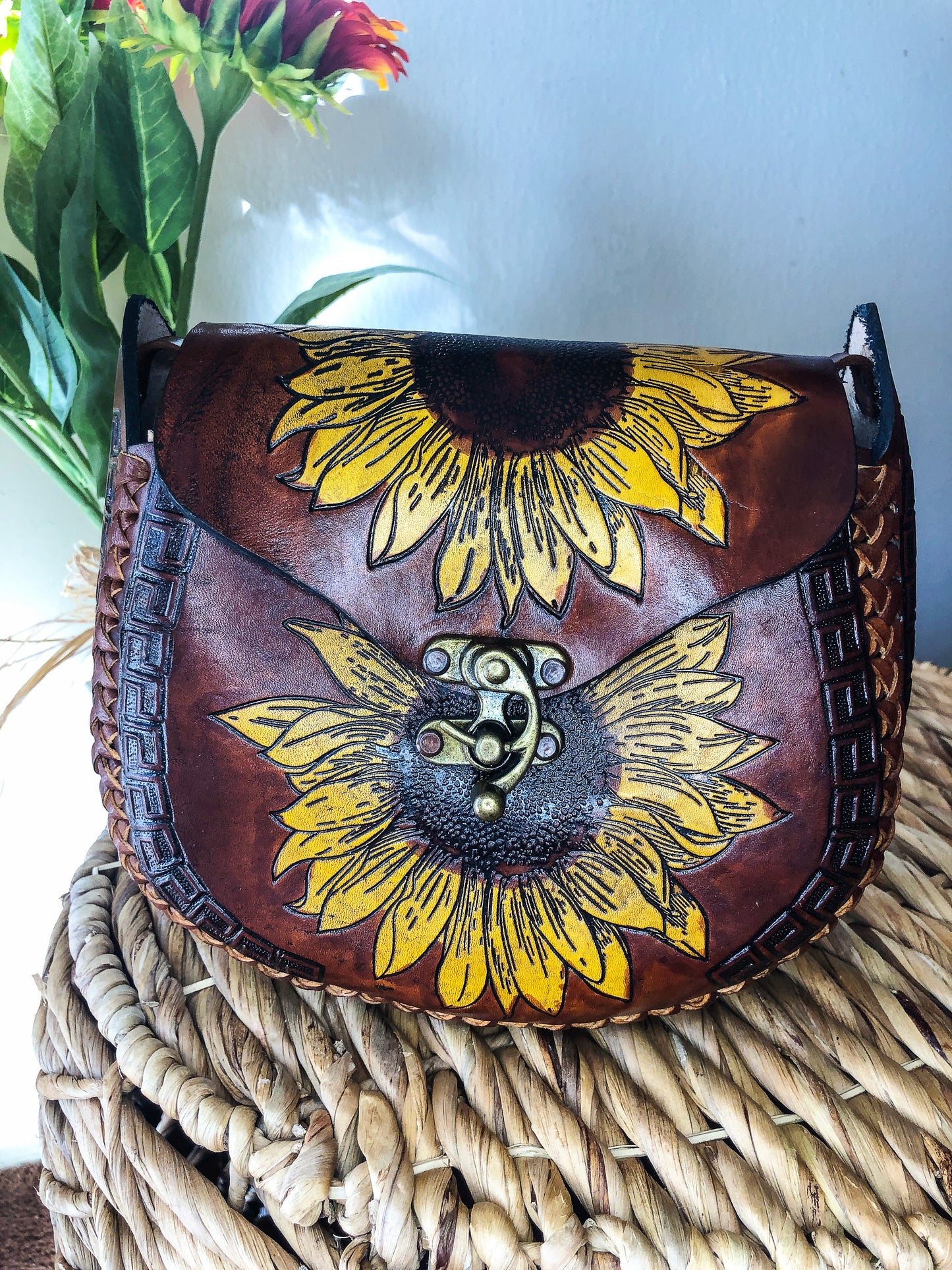 Hand-Tooled Brown Genuine Leather Artesenal Sunflower Crossbody/Shoulder Purse