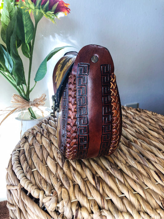 Hand-Tooled Brown Genuine Leather Artesenal Sunflower Crossbody/Shoulder Purse