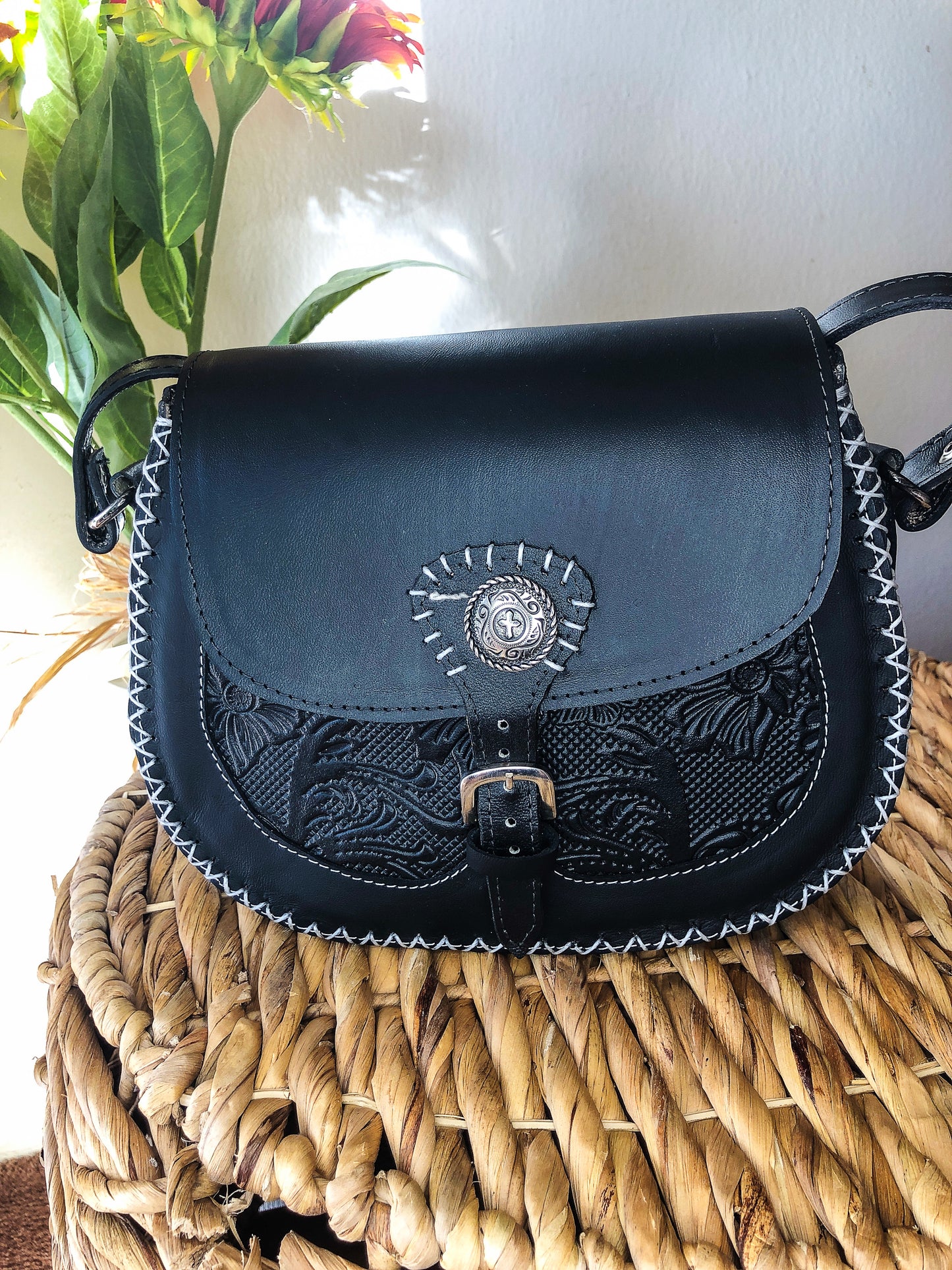Handmade Black Smooth Genuine Leather Crossbody/Shoulder Purse