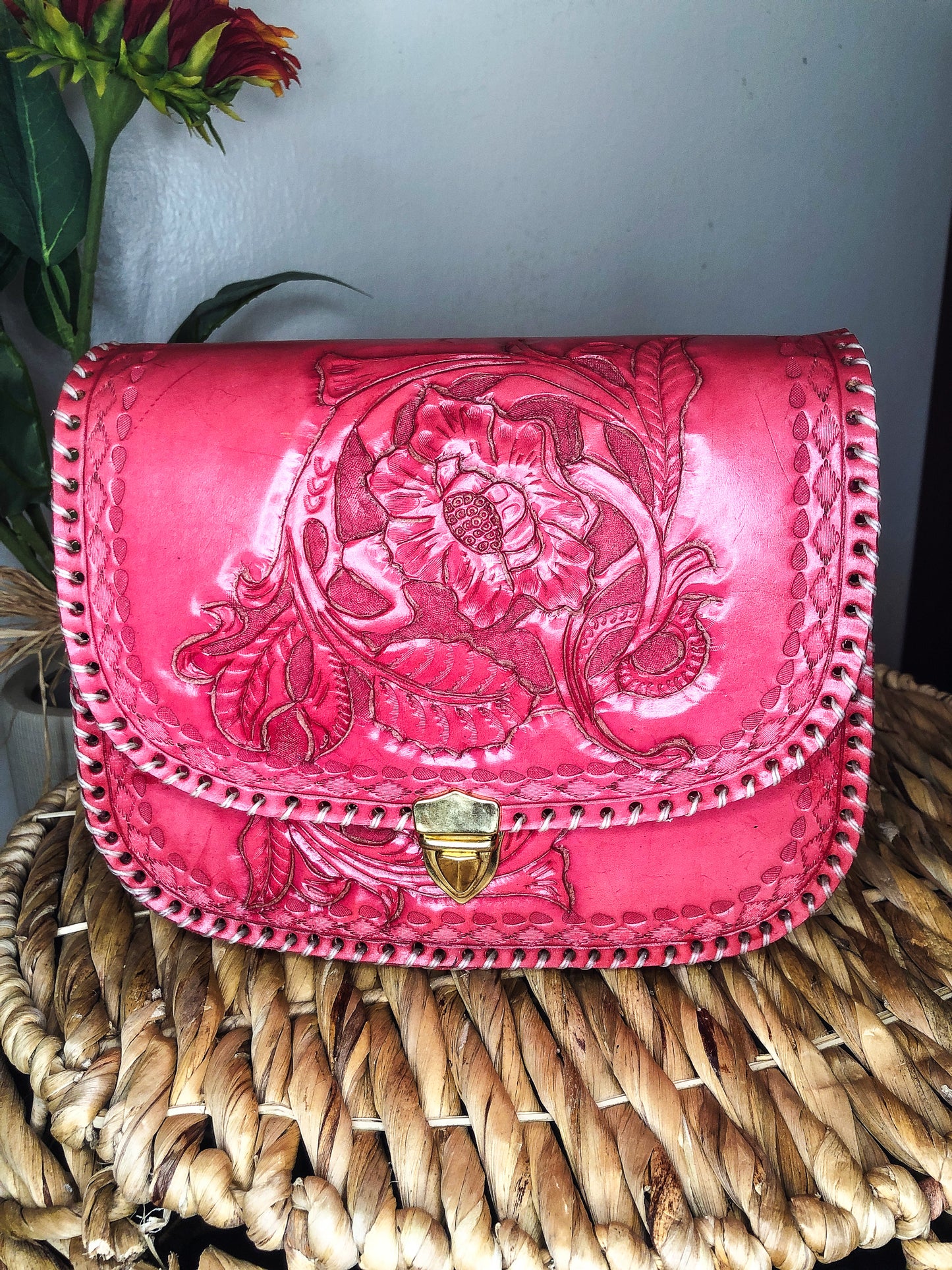Handmade Watermelon Pink Genuine Leather Crossbody/Shoulder Purse