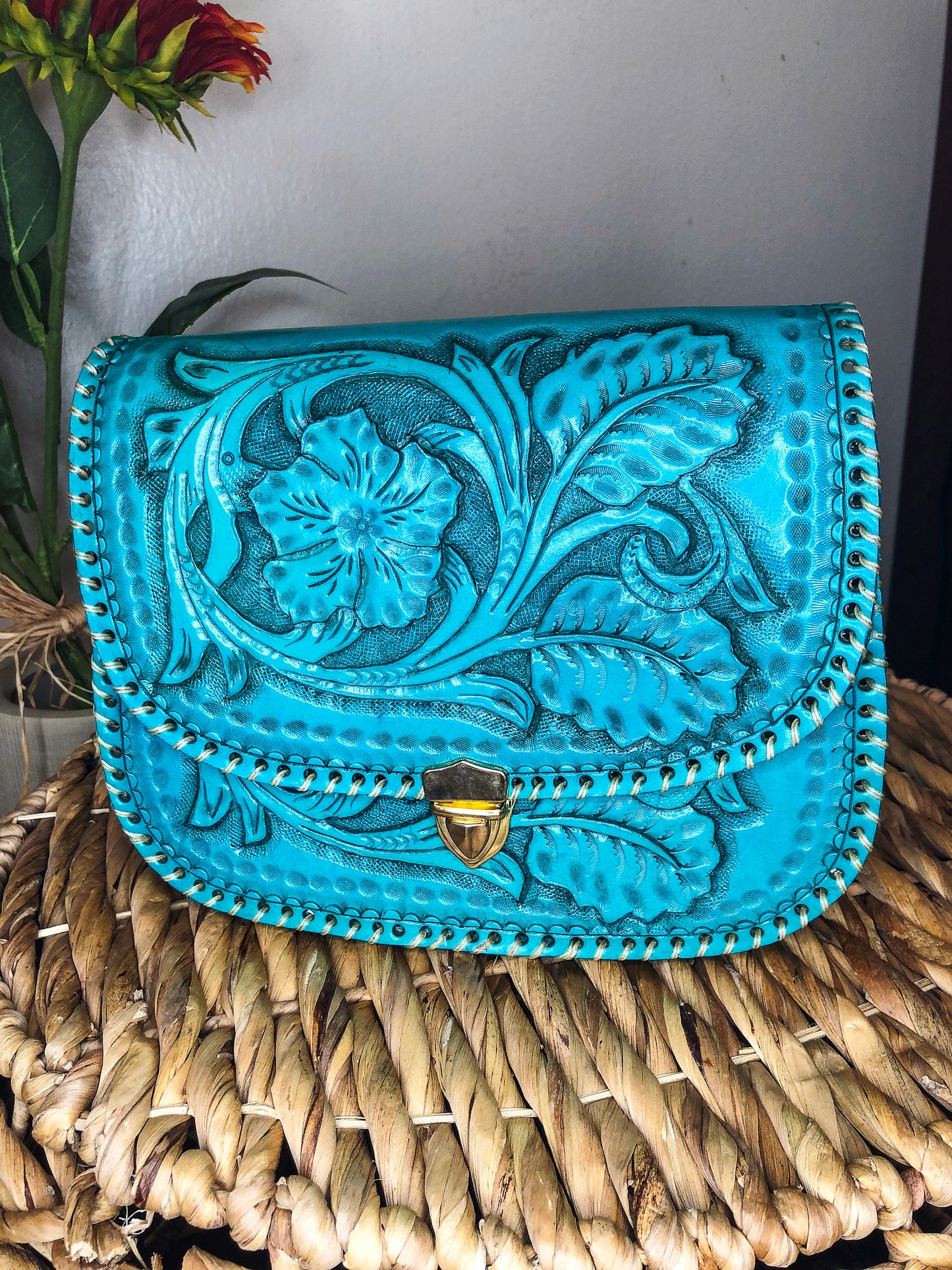 Handmade Turquoise Genuine Leather Crossbody/Shoulder Purse