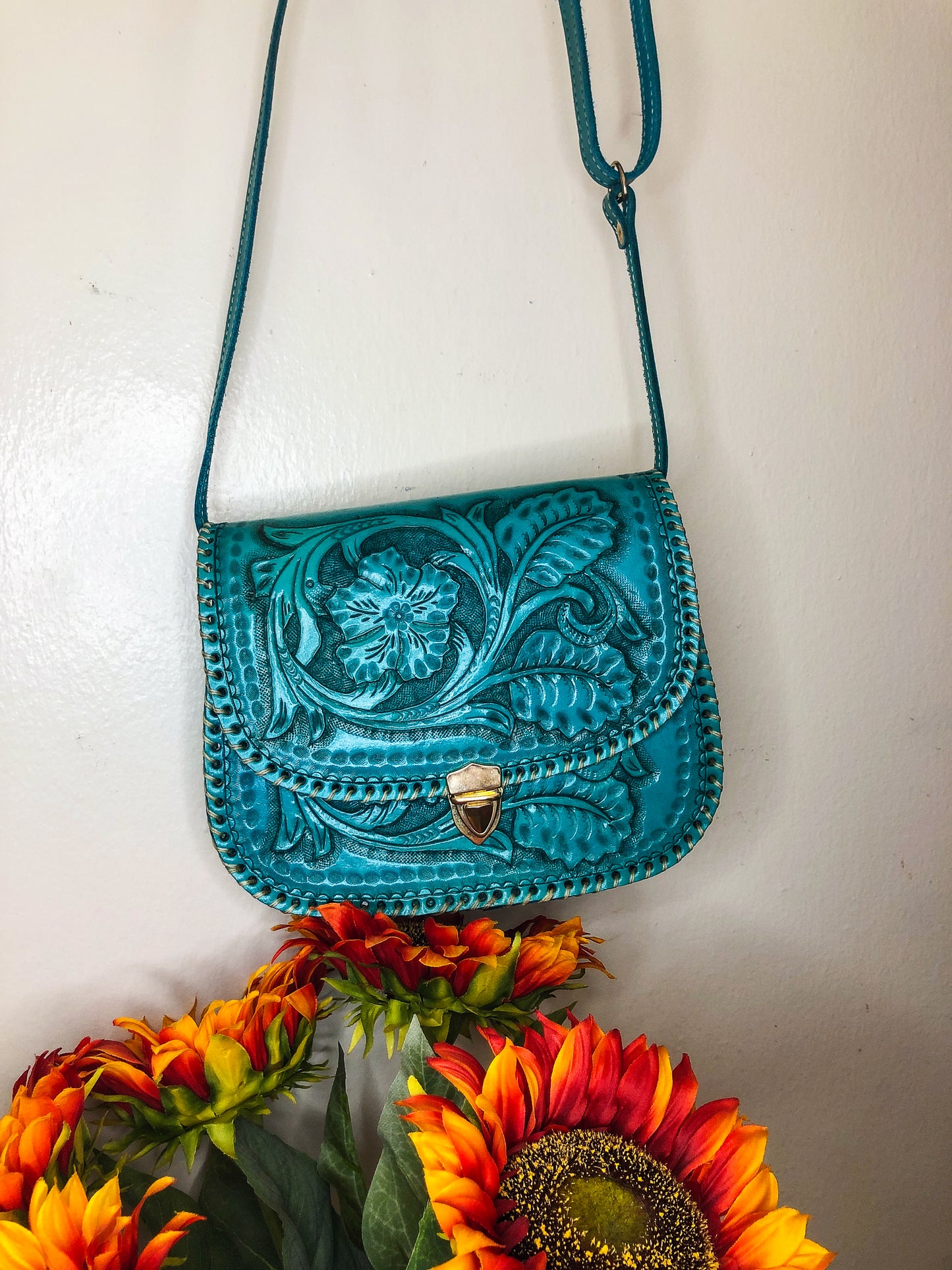 Handmade Turquoise Genuine Leather Crossbody/Shoulder Purse