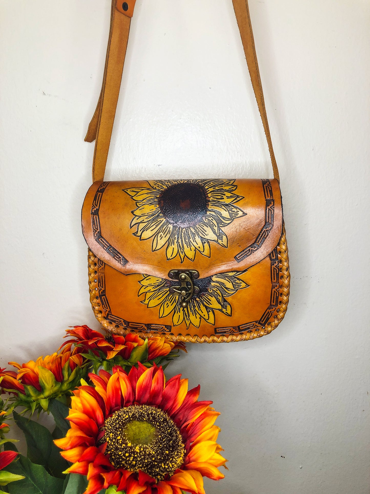 Hand-Tooled Light Brown Genuine Leather Embossed Sunflower Crossbody/Shoulder Purse