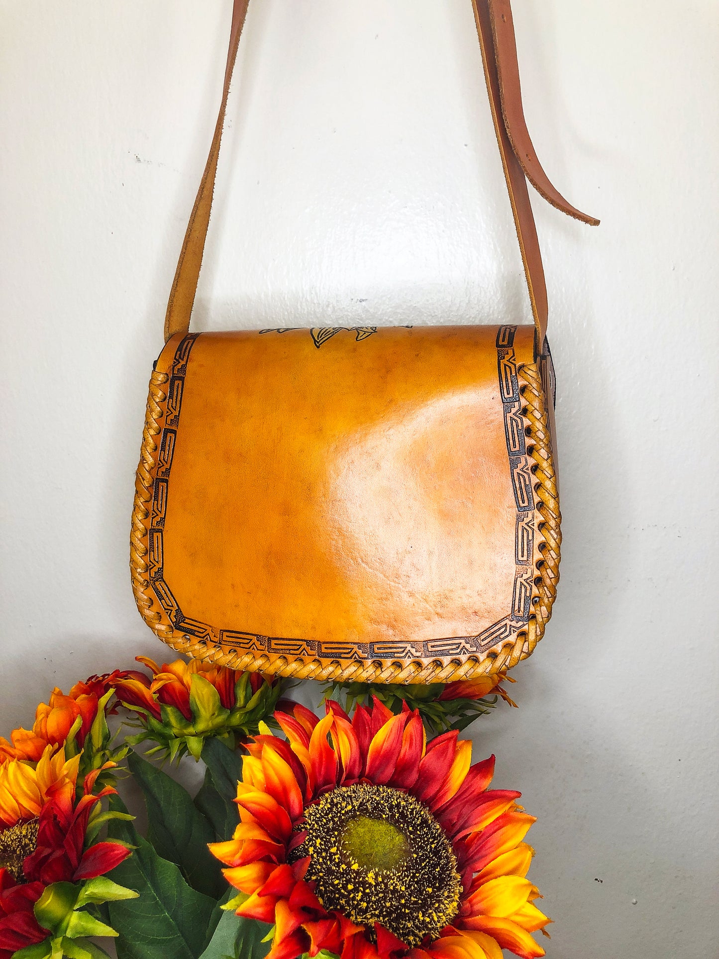 Hand-Tooled Light Brown Genuine Leather Embossed Sunflower Crossbody/Shoulder Purse