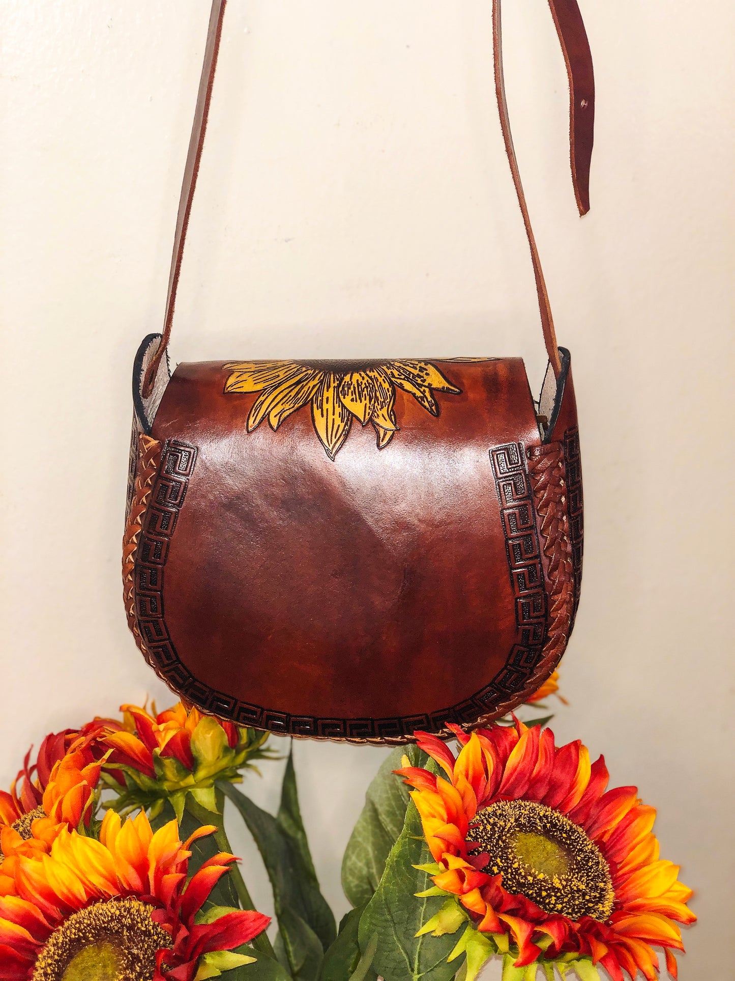 Hand-Tooled Brown Genuine Leather Artesenal Sunflower Crossbody/Shoulder Purse
