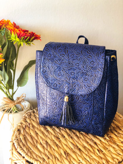 Hand-Tooled King Blue Leather Backpack