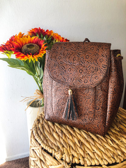Hand-Tooled Brown Leather Backpack