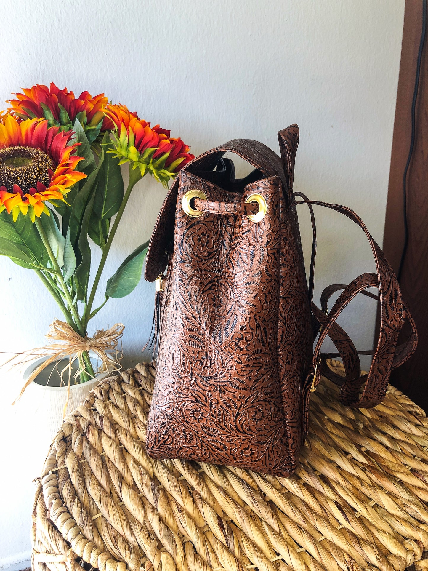 Hand-Tooled Brown Leather Backpack