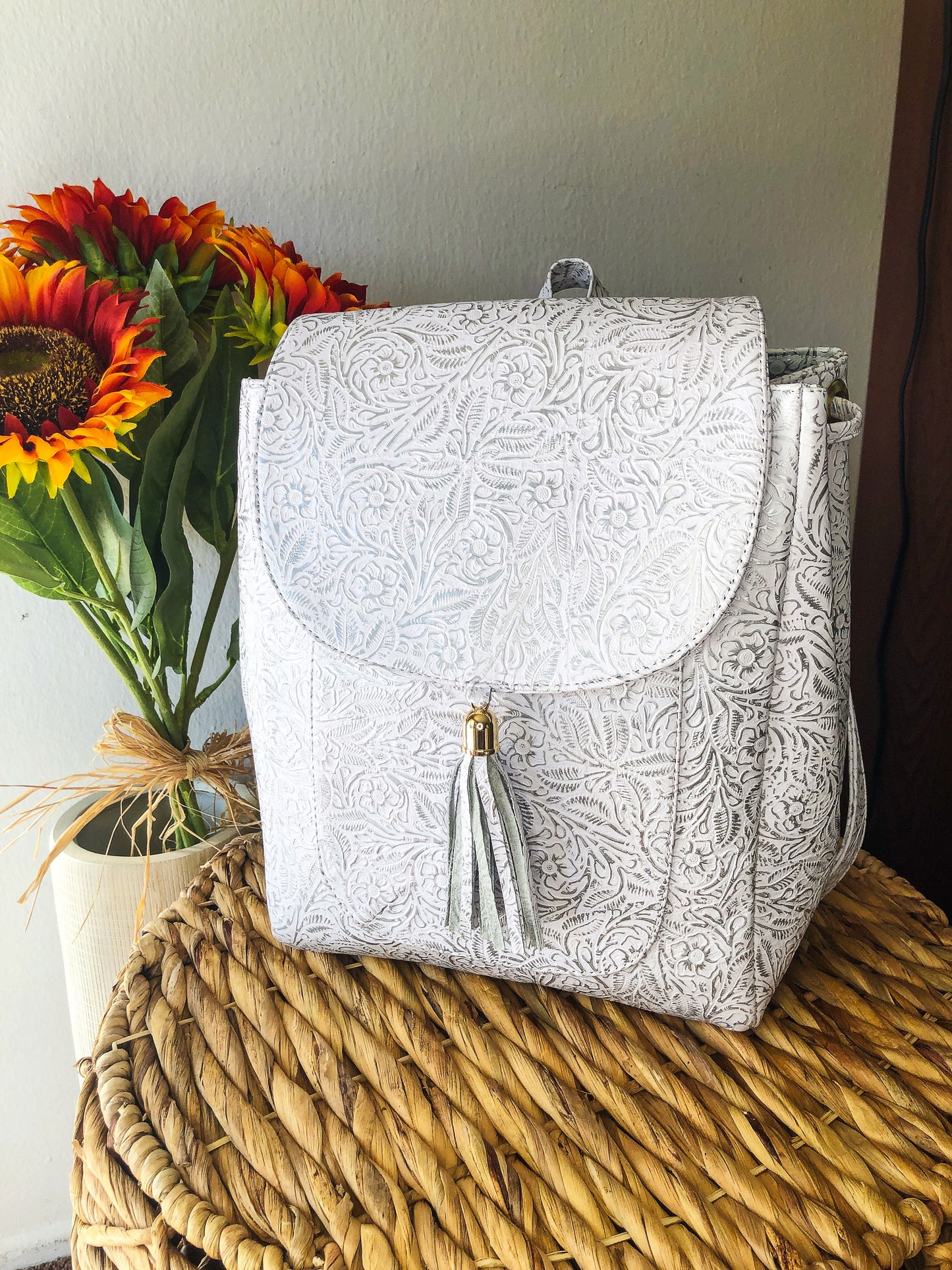 Hand-Tooled White Leather Backpack
