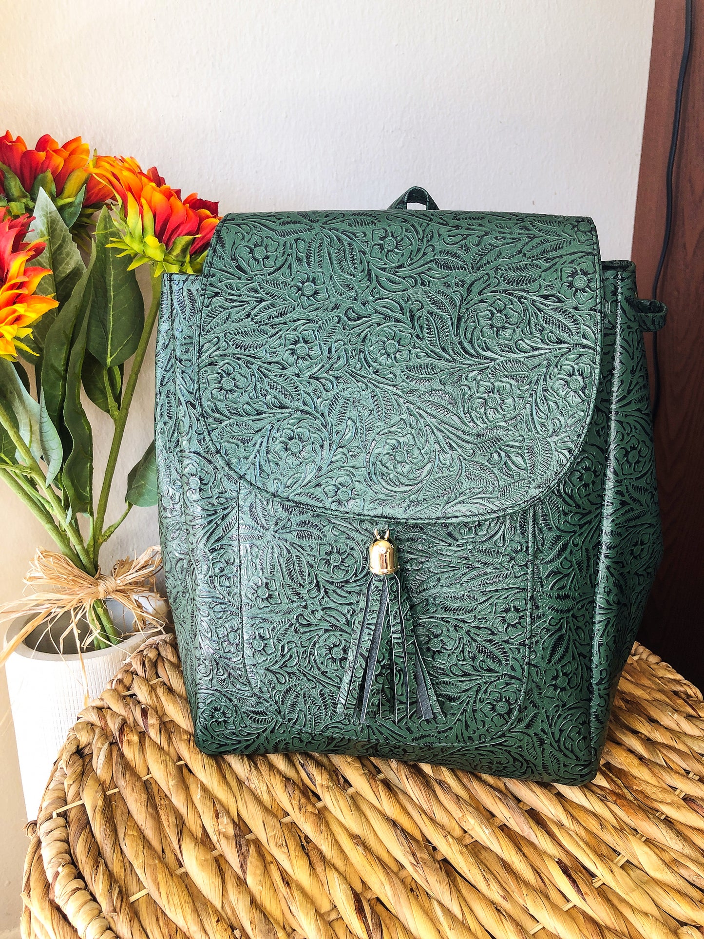 Hand-Tooled Green Leather Backpack