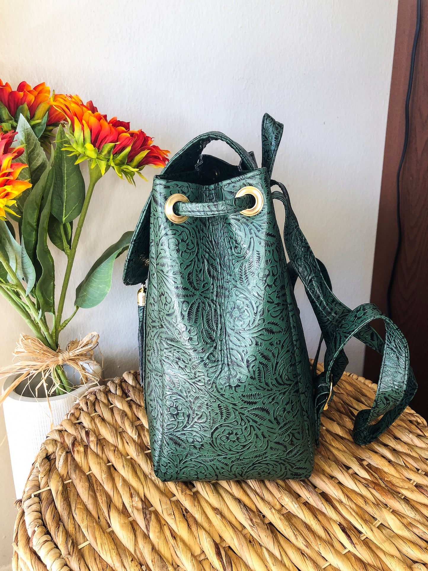 Hand-Tooled Green Leather Backpack